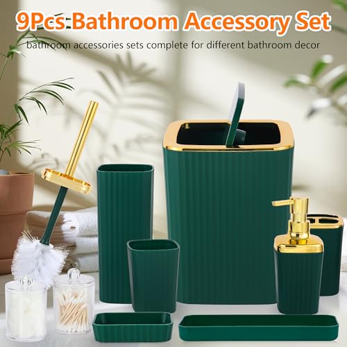 9-Piece Dark Green Bathroom Accessory Set with Trash Can and Vanity Tray