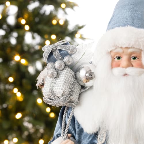Glitzhome 18-inch Blue Santa Claus Figurine with Porcelain Face & Velvet Robe – Deluxe Faux Fur Holiday Decor