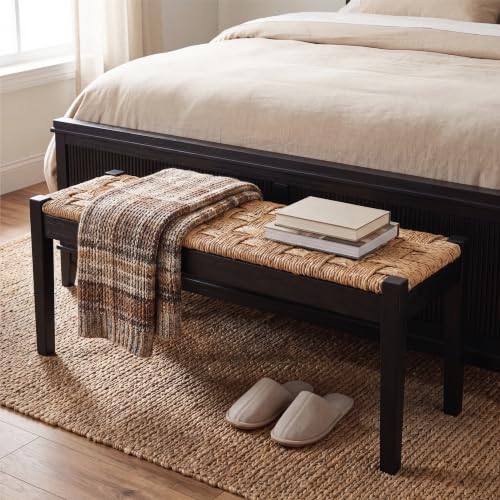 46-Inch Acacia Wood Entryway Bench with Woven Seagrass Seat