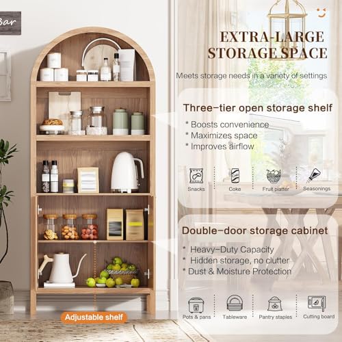 71-Inch Arched Kitchen Pantry Cabinet with Adjustable Shelves and Fluted Doors