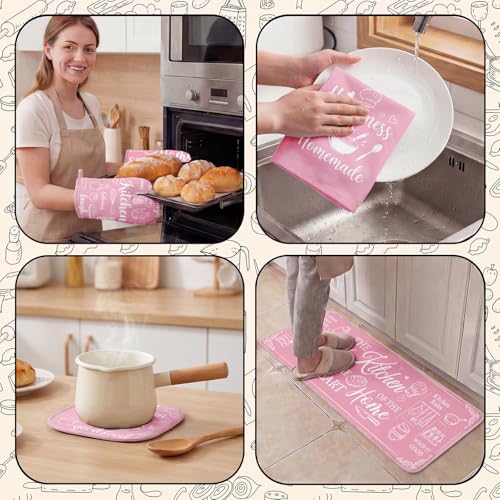 10-Piece Retro Pink Kitchen Decor & Baking Accessory Set with Towels and Rugs