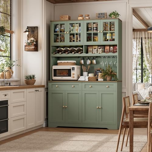 75" Tall Kitchen Pantry Storage Cabinet with Coffee Bar Hutch & Outlet