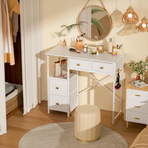 Small White Vanity Desk with 4 Fabric Drawers, 33.5-Inch Dressing Table
