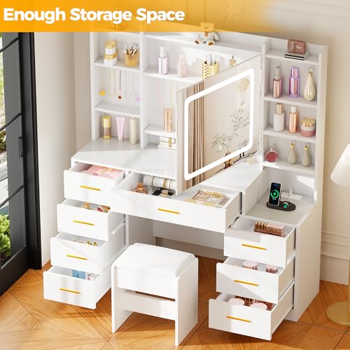Large Makeup Vanity Desk with Lights, Mirror, Stool and Charging Station