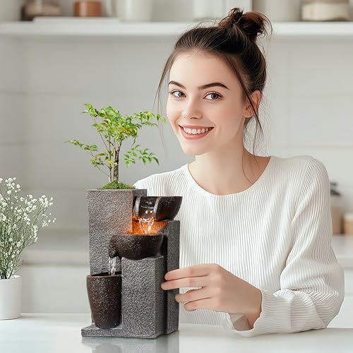 Tabletop Waterfall Fountain with LED Light & Plant Pot - Indoor Desk Decor