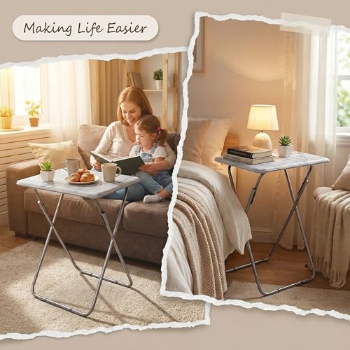 Folding TV Tray Table with Metal Frame - White Marble Snack Table