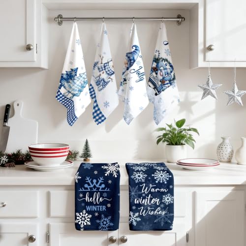 HEIFAM 6-Piece Christmas Kitchen Towels Set White Snowman Blue Plaid 26x17