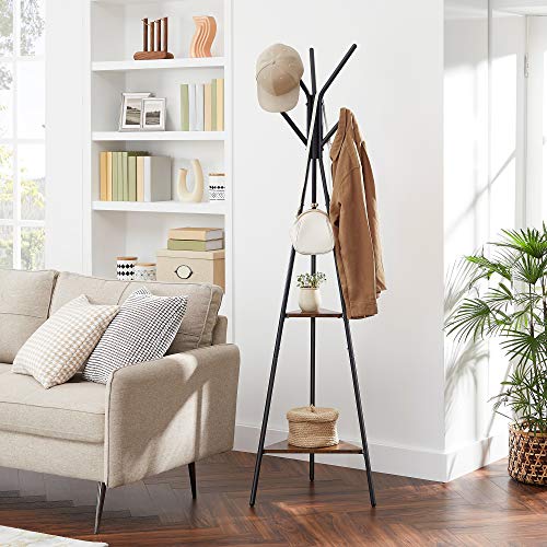 Freestanding Industrial Hall Tree with 6 Hooks and 2 Storage Shelves