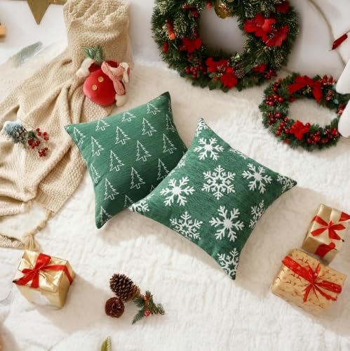 20x20 Reversible Christmas Pillow Covers Set of 2 - Green Snowflake & Tree