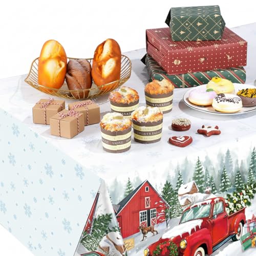 Tiamon 6-Pack Christmas Red Truck Tablecloths 54x108in, Plastic Holiday Farm Print