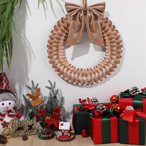 14-Inch Brown Velvet Christmas Wreath with Bow for Front Door Decor
