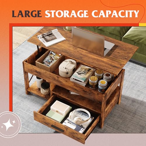 Lift Top Coffee Table with Hidden Storage and Drawer, Modern Farmhouse Wood