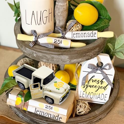 Metal Lemon Truck Decor with Faux Lemons - Farmhouse Tiered Tray Centerpiece