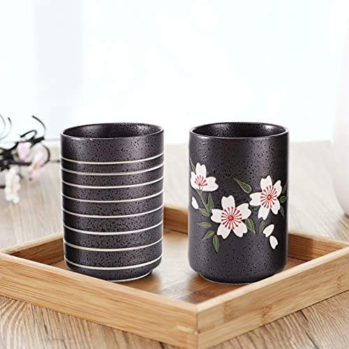 Hedume Set of 2 Japanese Ceramic Tea Cups 10oz Cherry Blossom & Line Design - Pack of 1