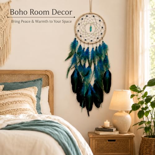 Luminous Blue Dream Catcher with Gemstone, 18-Inch Handmade Wall Decor