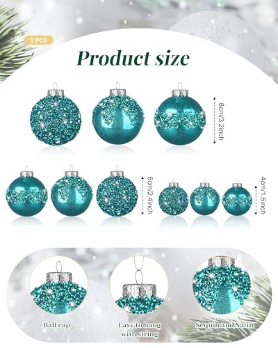 Civaner 24 pcs Teal Glitter Christmas Ornaments Set - Holiday Tree Decorations