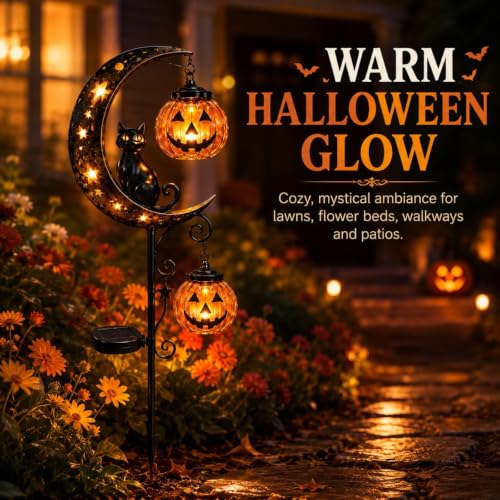 Solar Halloween Black Cat & Pumpkin Moon Stake Light, Outdoor Metal LED Decor