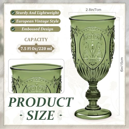48 Pcs Plastic Vintage Embossed Wine Goblets, 7.5oz Olive Green Stemware