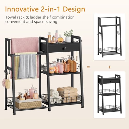 3-Tier Bathroom Ladder Shelf with Towel Rack and Storage Drawer