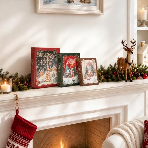 AELS 3-Piece Christmas Decorative Book Boxes with Hidden Storage – 8.3in, 7.1in, 5.9in