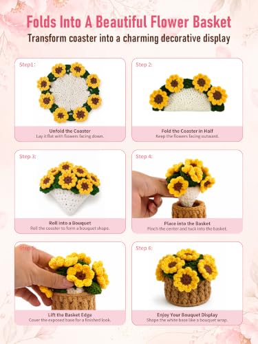Sunflower Crochet Flower Coasters 4-Piece Set - Cotton Home Decor Gift