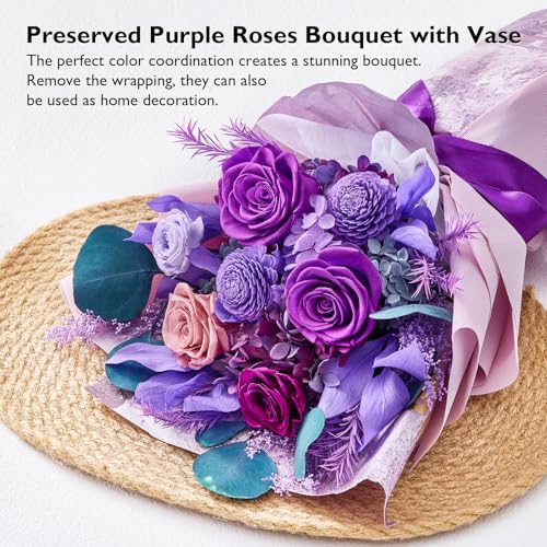 Preserved Purple Roses Bouquet - Real Long-Lasting Flower Gift for Home & Special Occasions