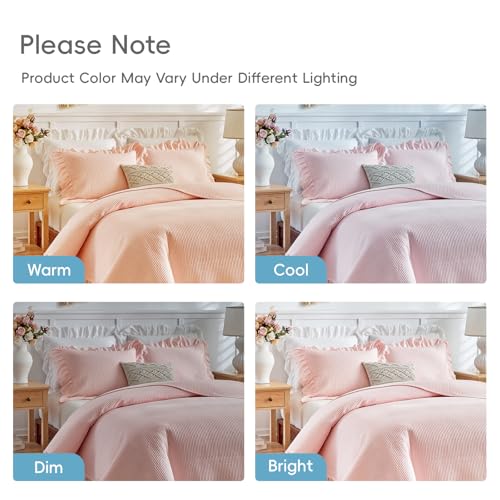 Pink Ruffled Quilt Set, Twin Size Lightweight Farmhouse Bedspread with Sham