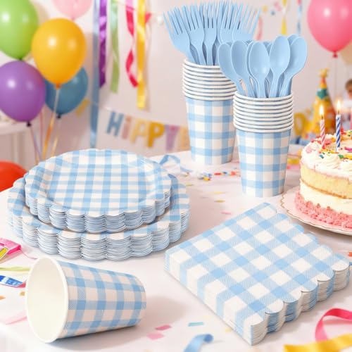 Light Blue Gingham Party Supplies Set for Wedding & Baby Showers - 175 Pieces