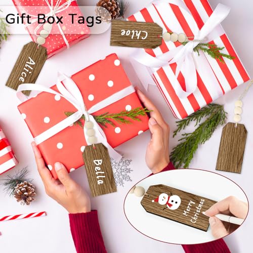 LIKAJON 12Pcs Christmas Stocking Name Tags - Wood Grain Unfinished DIY Gift Tags