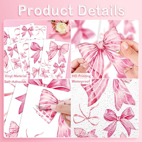 Pink Bow Wall Decals - 46 Pcs Watercolor Bow Knot Peel-and-Stick Stickers