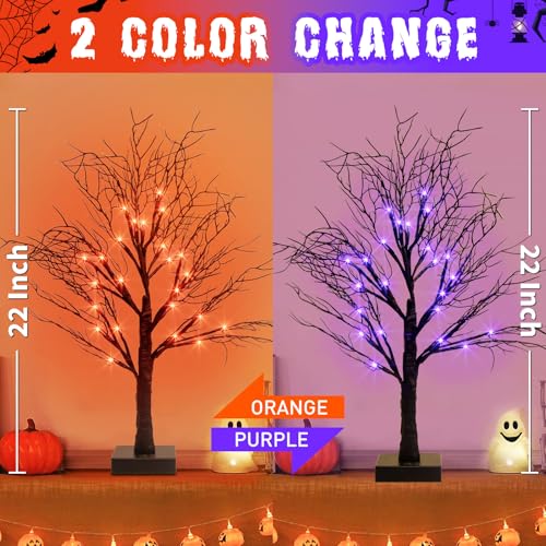 Lighted Halloween Trees 2-Pack, 22" Black Tabletop Decor with Orange & Purple LEDs