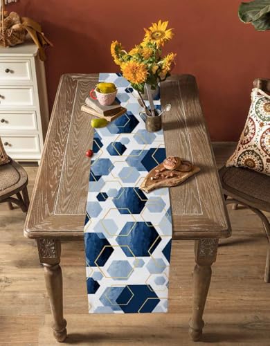 Onekaccu 13 x 48 Inch Navy Blue Geometric Table Runner - Washable Farmhouse Decor