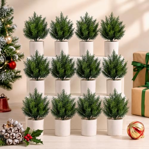 Threehoney 12 Pack White Mini Cedar Bushes - 8.27in Artificial Christmas Trees, 21 cm