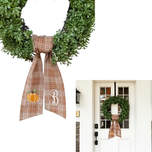 Autumn Plaid Wreath Sash with Pumpkin Embroidery and White Letters