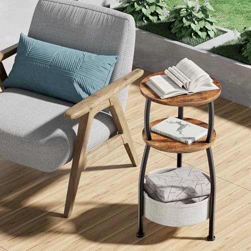 3-Tier Round Side Table with Storage Basket, 24" Small End Table, Rustic Brown
