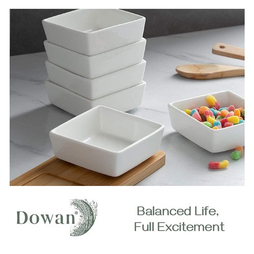 DOWAN Creme Brulee Ramekins 6 oz Oven Safe, Small Ceramic Square Ramekin, Custard Cups Souffle Baking Dish, Dipping Bowls Soy Sauce Dish Appetizer Plates, Set of 6, Soft White