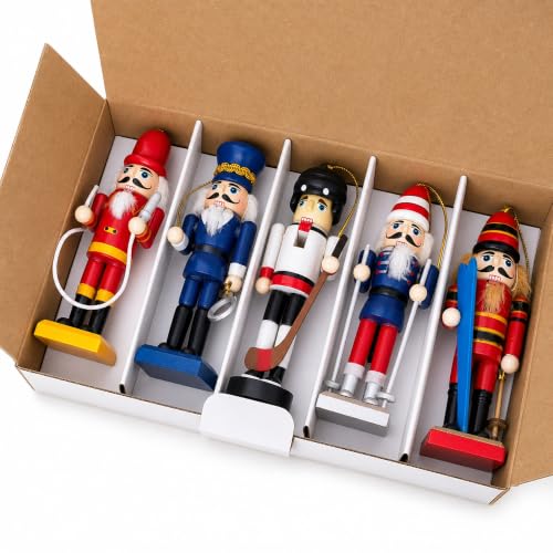 Set of 5 Wooden Nutcracker Christmas Ornaments - Hand-Carved Holiday Figures