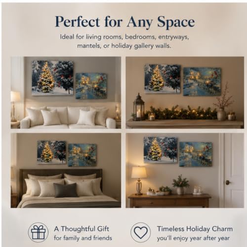 Lighted 2-Piece Christmas Wall Art Set – LED Cottage Village Prints, Snowman & Cardinals