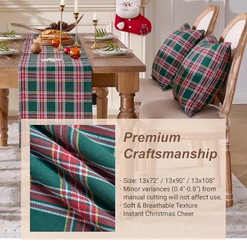 JOJOGOGO Green Tartan Plaid Christmas Table Runner 108 x 13 Inches - Festive Holiday Decor