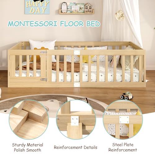 Twin Montessori Floor Bed Frame with Guardrails and Door Latch, Natural Wood