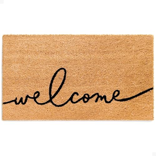 Natural Coir Welcome Doormat - 17x30 Inch Script Entryway Mat with Non-Slip