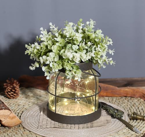 Vintage Glass Farmhouse Vase & Lantern Centerpiece with LED Lights