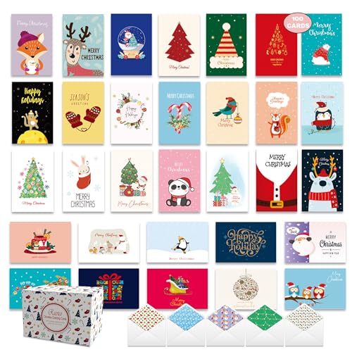 100 Unique Christmas Greeting Cards Set with Envelopes & Stickers - 5x7 Inches