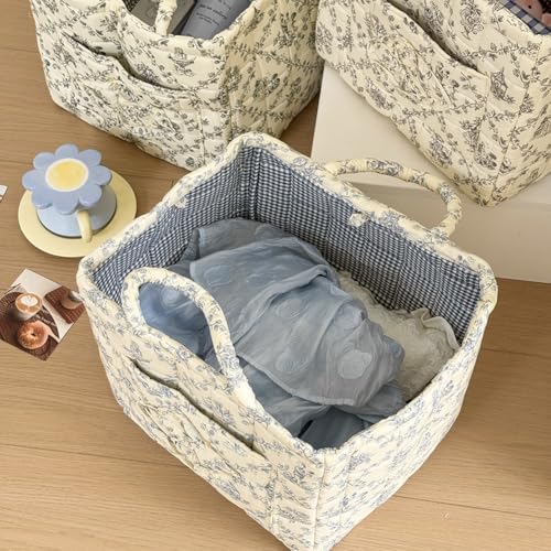 Floral Quilted Fabric Storage Basket with Handles, Foldable Laundry Organizer