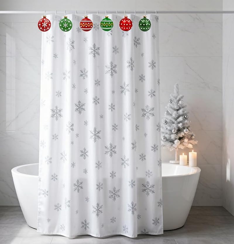 LEWUYII 12 PCS Christmas Ball Shower Curtain Hooks - Holiday Bathroom Decor
