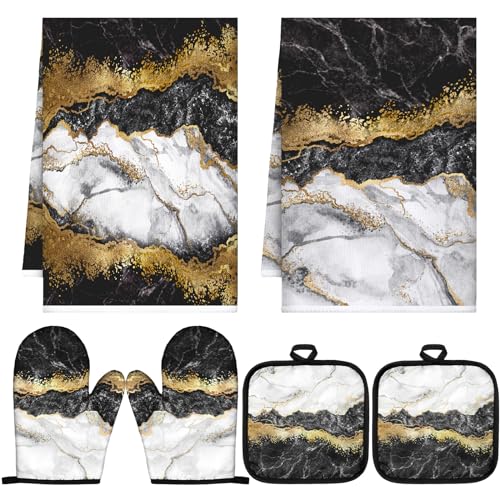6-Piece Marble Kitchen Set: Oven Mitts, Pot Holders, and Dish Towels