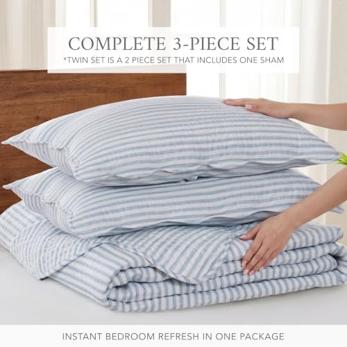 Reversible Blue Stripe Queen Bedspread Set with Pillow Shams