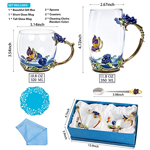 DUMVOIN Blue Enamel Flower Glass Coffee Mug Set with Spoons - Tea & Gift Set for Women & Tea Lovers