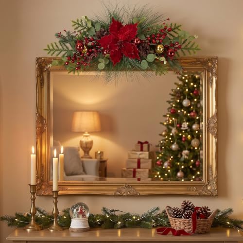 26 Inch Christmas Swag for Front Door with Poinsettias Flower - Red Berry Poinsettia