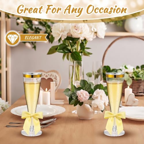 Zopeal 200 Pcs Gold Champagne Flute & Bow Set Gold Rim - Shatterproof Plastic Glasses